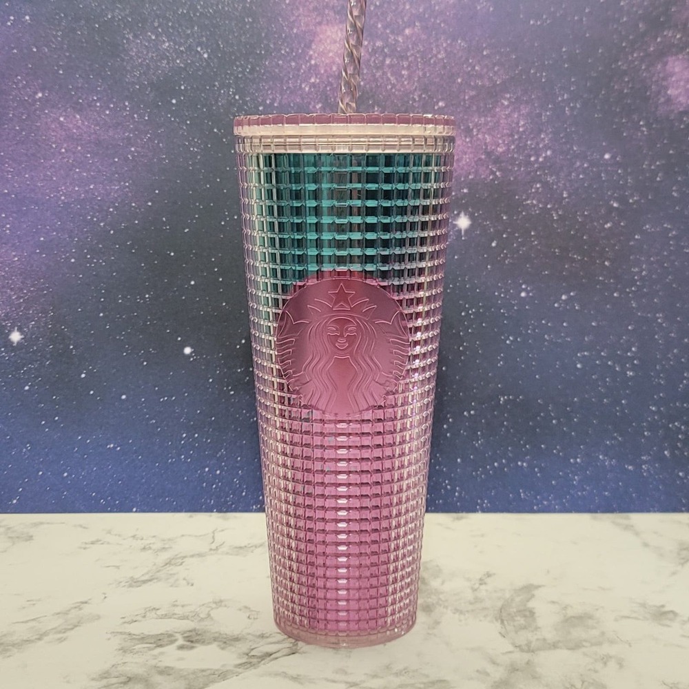 Starbucks Summer 2021 Pink Blue Disco Ombre Cup Kaleidoscope Grid 24oz w Straw